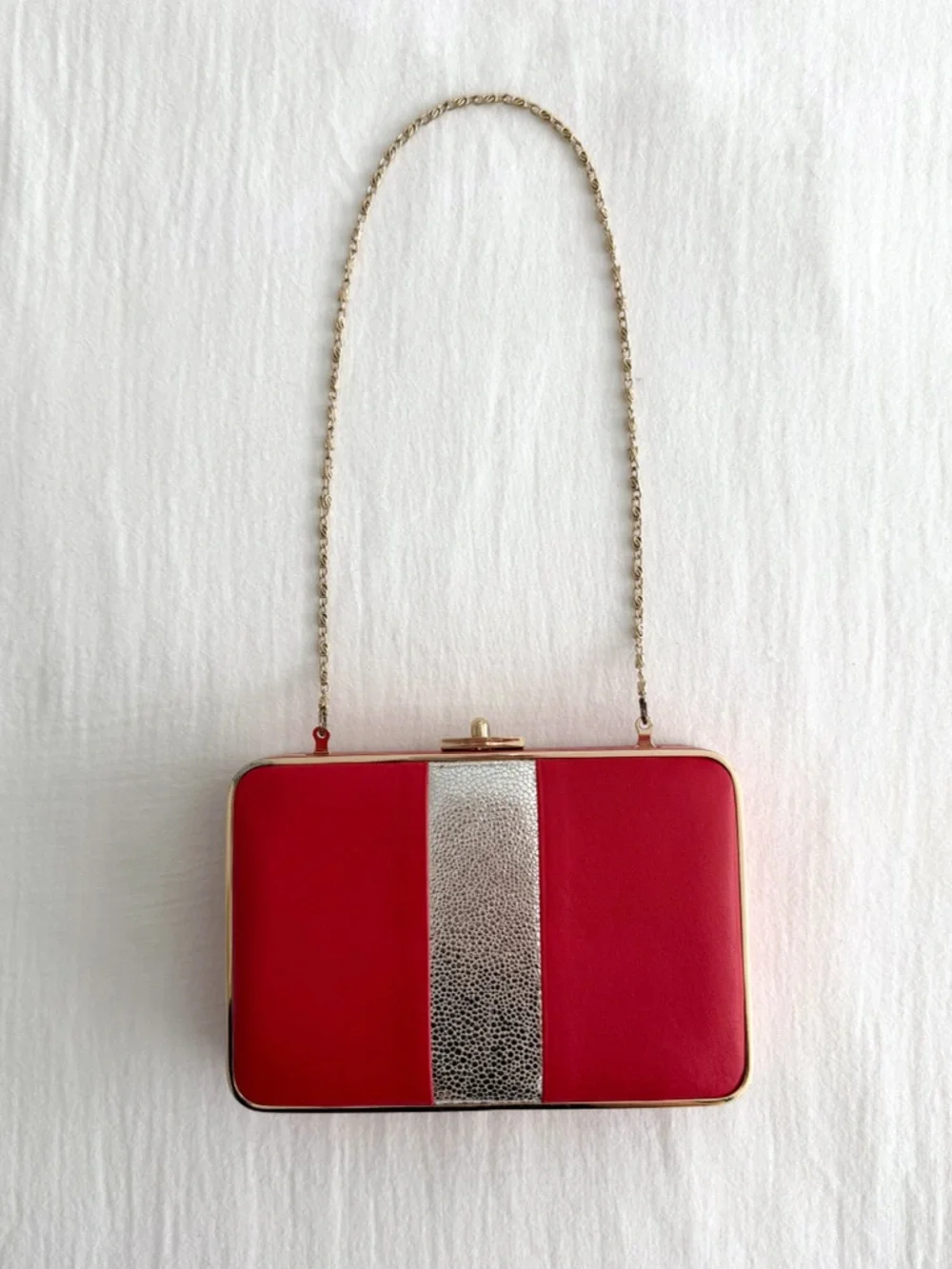 J. McLaughlin Small Red & Gold Leather Clutch Shoulder Purse w/ Gold Chain